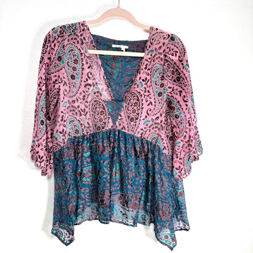 Anthropologie Floreat Valo Velvet Burnout Boho Silk Blend Teal Pink Top S